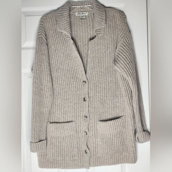 Eddie Bauer M Beige 100%WOOL Lngslv Knit Ribbed Pockets ButtonsUp Women Cardigan - Picture 1 of 8